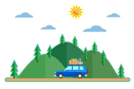 Flat style car summer trip background. Travel SUV and sun,clouds, mountains with trees.  Vector illustrationのイラスト素材