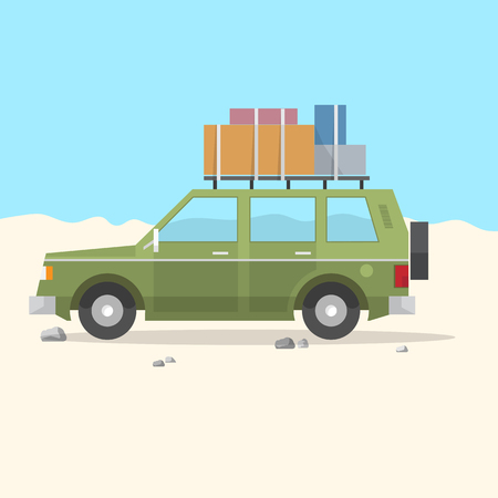 Travel Car SUV - road trip. Car summer trip background. Vector illustrationのイラスト素材