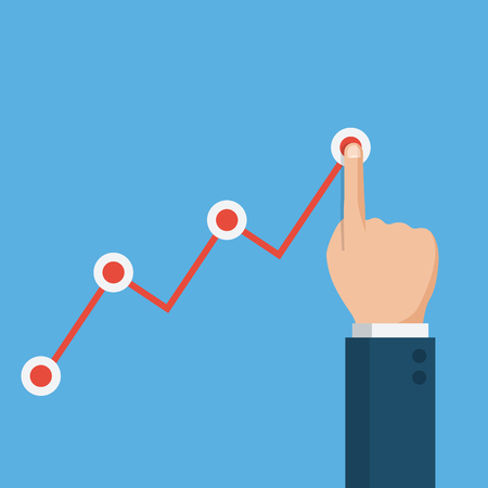 Hand touching up holding chart arrow, financial growth graph.Profit, report and growth concept. Flat design style vector illustrationのイラスト素材