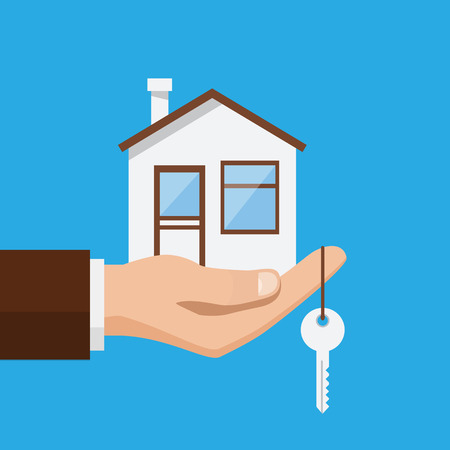 Real estate offer, businessman holding a house and key. Offer of purchase house, rental of Real Estate. Vector illustration flat designのイラスト素材