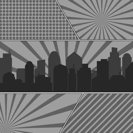 Monochrome comic book pages template with radial backgrounds and city silhouette. Monochromatic vector backgrounds in pop-art styleのイラスト素材