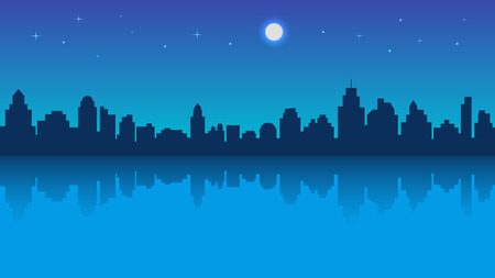 Night city with reflection and starry sky. Vector illustration in flat style design. Buildings silhouettes. Modern night urban landscapeのイラスト素材