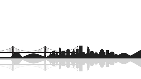 Cityscape background with bridge,silhouette of city. Vector illustration in flat style design. Buildings silhouettes,urban landscapeのイラスト素材
