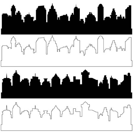 Black and linear city silhouettes, set of different black horizontal cityscapes.のイラスト素材