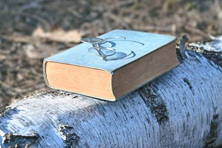 Old spectacles or eyeglasses and vintage novel book on wooden surface in the park on sunny spring or...