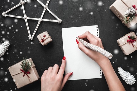 Christmas card. When you think about what gifts you want from Santa Claus. The Xmas ambience is complemented by a multitude of surrounding gifts and snowflakesの写真素材