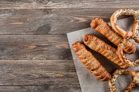 Pretzels and sausage dishes arranged on the table
