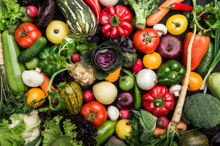 Composition with assorted raw vegetables, healthy food background. Concept of healthy food, fresh vegetables.Top view, copy spaceの写真素材