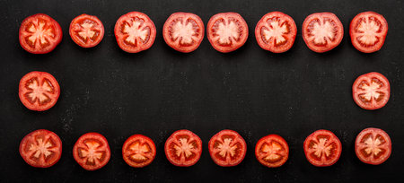 Tomatoes cut in half on black stone background. Vegetable halves are arranged in the form of a border with copy spaceの写真素材