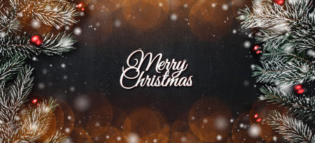 Upper, top, view from above, evergreen branches, tree globes and white Merry Christmas inscription...