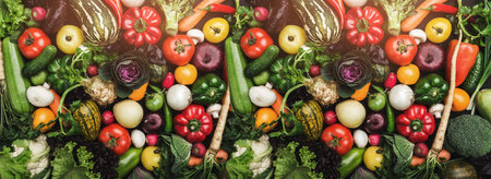 Different colorful fresh vegetables all over the table in full frame. Healthy food and with many...