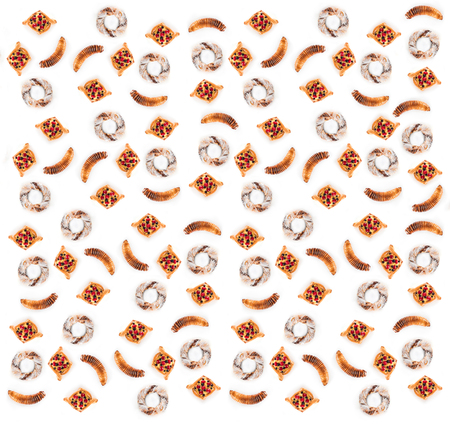 Collection of many sweet pastries side by side isolated on white background, top viewの写真素材