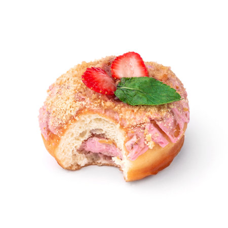 Donut with pink cream with nuts and strawberries. View from a forty-five degree angle. Isolated image. The side-bite donut.の写真素材