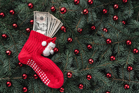 Background of fir branches. Santa's red sock with money. Christmas card. Top view. Xmas...