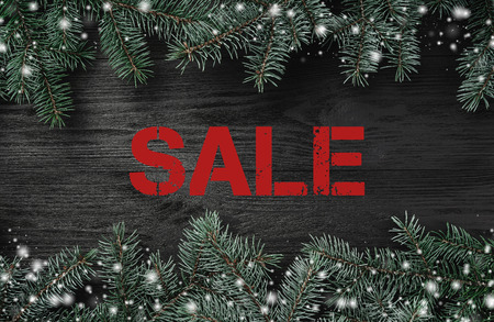 Black wood background with fir branches on the top and bottom. Top view. Sale.の写真素材