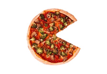 Pizza with veggie vegetables, without slice, top view isolate on whiteの写真素材