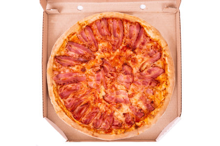 Pizza bacon in cardboard box, top view, isolated on whiteの写真素材