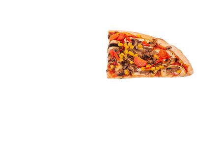 A quarter of a pizza isolated on white background with clipping path, angle view. Tasty pizza with mushrooms, corn, cherry tomatos, courgettes and bell peppers or Veggie Vegetarian pizzaの写真素材