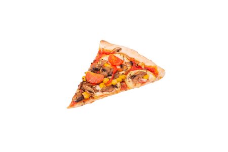 A slice of pizza isolated on white background with clipping path, angle view. Delicious pizza with mushrooms, corn, cherry tomatos, courgettes and bell peppers or Veggie Vegetarian pizzaの写真素材