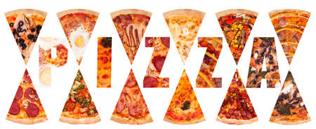 Set of different tasty pizza slices on white background. Among the slices is the word PIZZA. Image of fast food for menu card, shop, advertising or deliveryの写真素材