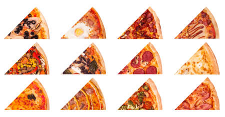 Big set of pizza slices. Photo of different tasty pizza for menu card, web design, site, shop, advertising or delivery fast foodの写真素材