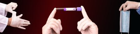 Doctor removes his disposable gloves. Blood sample with space for text on the tube label in the...