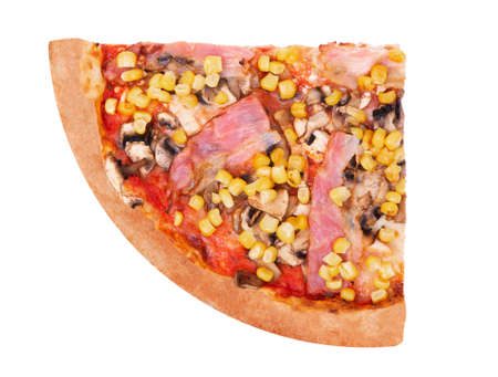 A quarter of pizza with chicken breast, corn, bacon and mushrooms, isolated on white background, top viewの写真素材