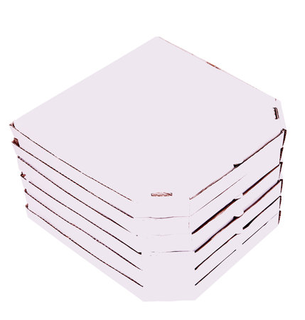 Lot of white carton pizza boxes, isolated on white background, front view. Pizza deliveryの写真素材