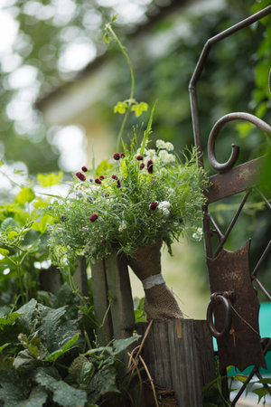 Wedding bouquet in shades of green in the park