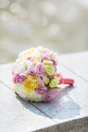 Bridal beautiful romantic bouquet of various flowersの写真素材