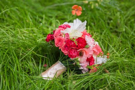 Bridal beautiful romantic bouquet of various flowersの写真素材