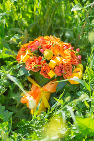 Bridal beautiful romantic bouquet of various flowersの写真素材