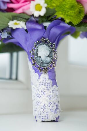 Colorful bridal beautiful bouquet of different flowersの写真素材