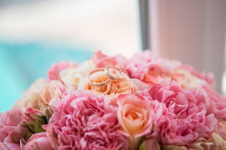 Colorful bridal beautiful bouquet of different flowersの写真素材