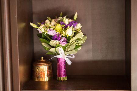 Colorful bridal beautiful bouquet of different flowersの写真素材