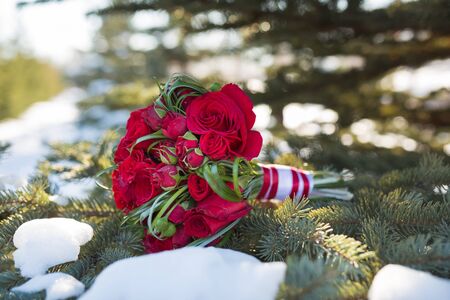Colorful bridal beautiful bouquet of different flowersの写真素材