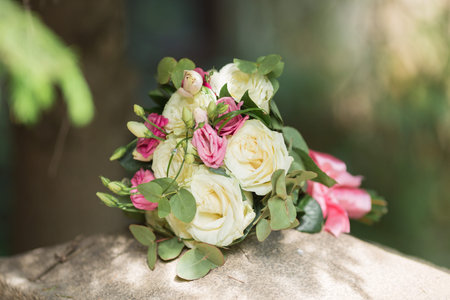 Colorful bridal beautiful bouquet of different flowersの写真素材