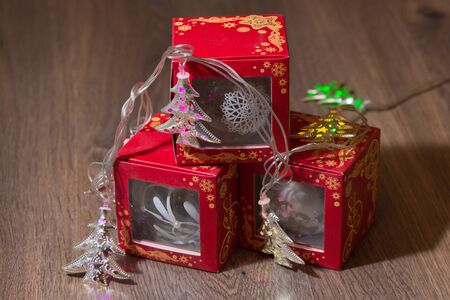 Christmas background - glass balls,  garland and giftsの写真素材