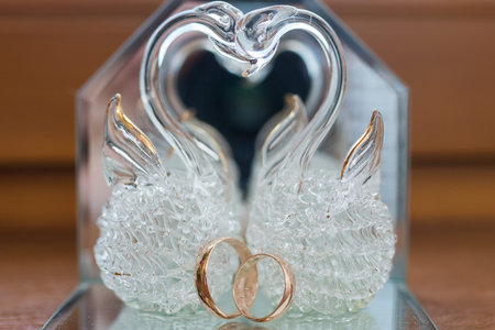 Close-up of a jewelry box with two elegant white gold rings, symbol of engagement and eleganceの写真素材