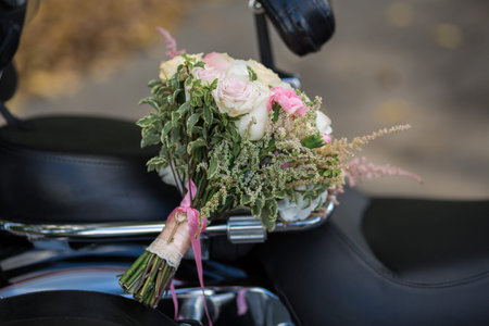 Colorful bridal beautiful bouquet of different flowersの写真素材