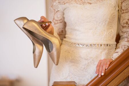 White Wedding shoes on the gatherings of the brideの写真素材