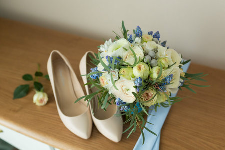 Beige Wedding shoes on the gatherings of the brideの写真素材