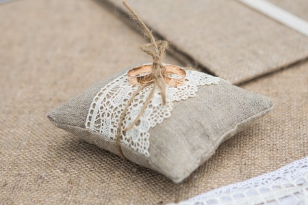 Wood and linen Hand Made Welcome Wedding Decorationの写真素材