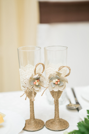 Wood and linen Hand Made Welcome Wedding Decorationの写真素材