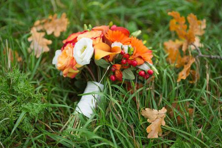 Bridal beautiful romantic bouquet of various flowersの写真素材