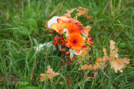 Bridal beautiful romantic bouquet of various flowersの写真素材