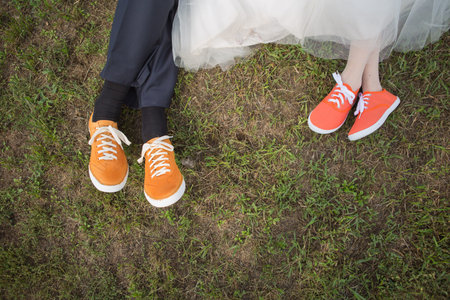 Bride and Groom's Shoes as colored sneakersの写真素材