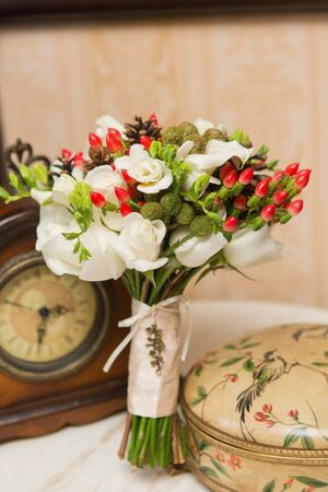 Bridal beautiful romantic bouquet of various flowersの写真素材