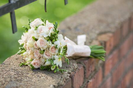Bridal beautiful romantic bouquet of various flowersの写真素材
