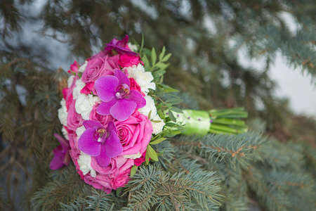 Bridal beautiful romantic bouquet of various flowersの写真素材